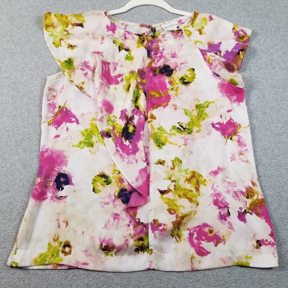 Liz Claiborne Blouse Women's PM Petite Medium Pink Green Floral Sheer Spring Top